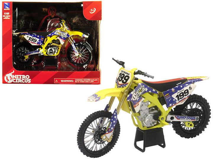 Suzuki RMZ450 Nitro Circus #199 Travis Pastrana Yellow/Blue 1/12 Diecast Motorcycle Model by New Ray-0