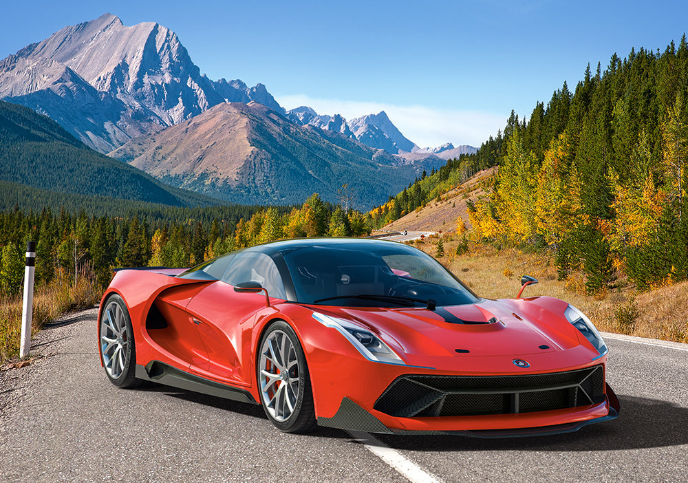 Red exotic sports car on mountain road jigsaw puzzle scene