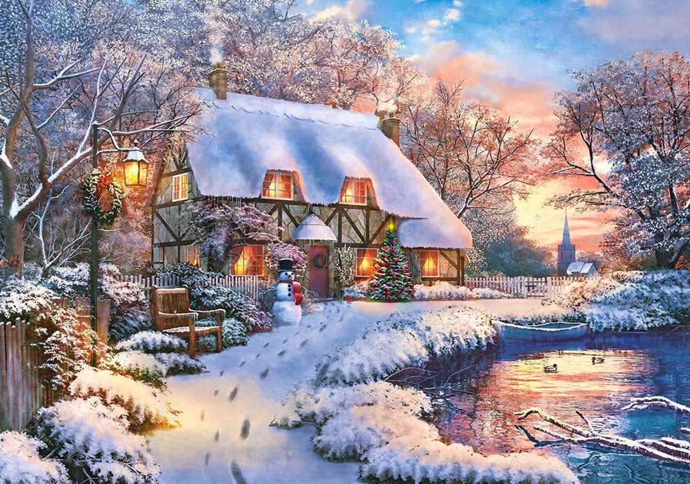 Snowy winter cottage countryside scene jigsaw puzzle