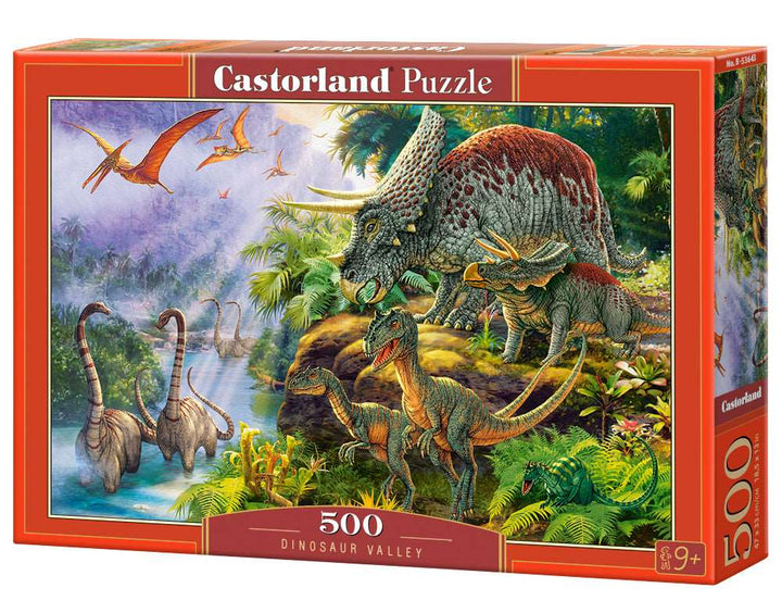 Castorland Dinosaur Valley 500 piece jigsaw puzzle box featuring colorful prehistoric dinosaurs