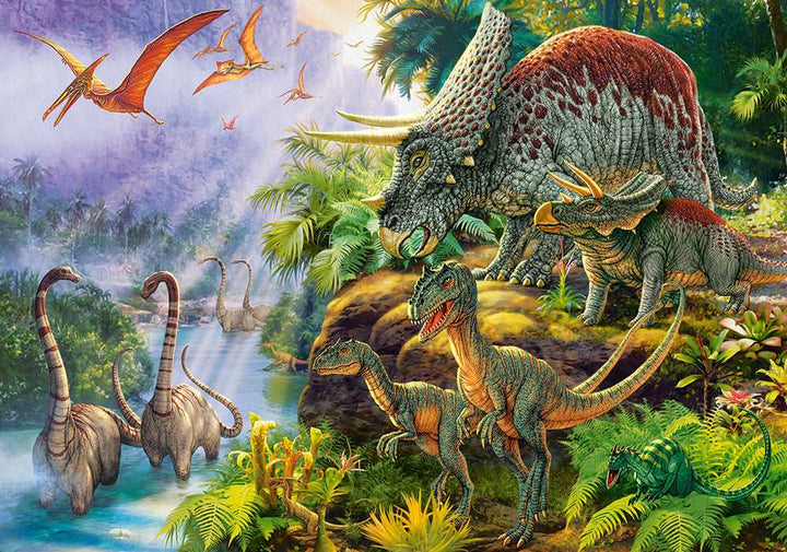 Dinosaur Valley puzzle artwork showing multiple dinosaurs in a lush prehistoric landscape