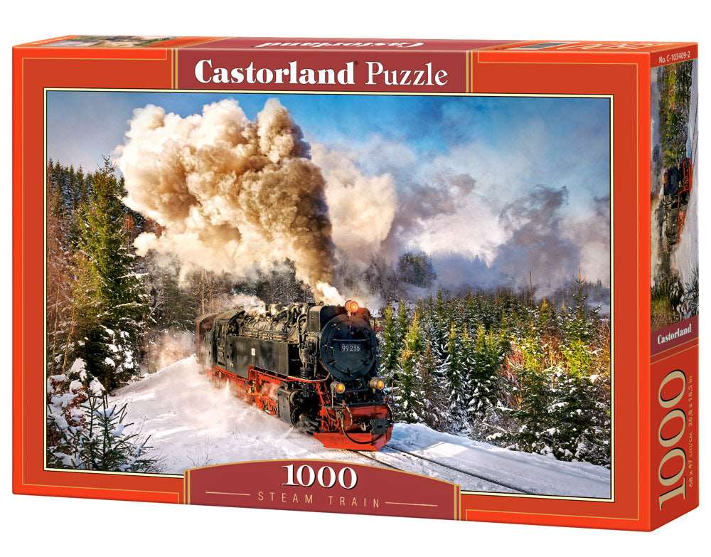 Castorland 1000 piece jigsaw puzzle featuring a steam train traveling through a snowy winter mountain landscape