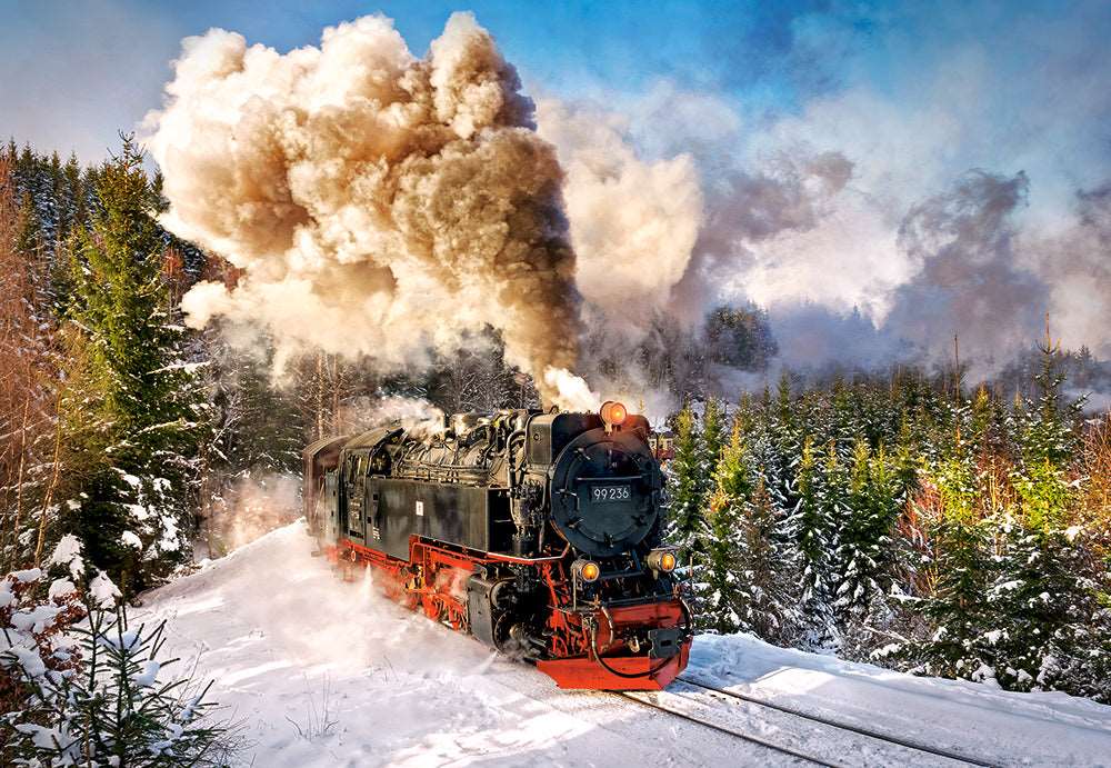 Castorland 1000 piece jigsaw puzzle featuring a steam train traveling through a snowy winter mountain landscape image
