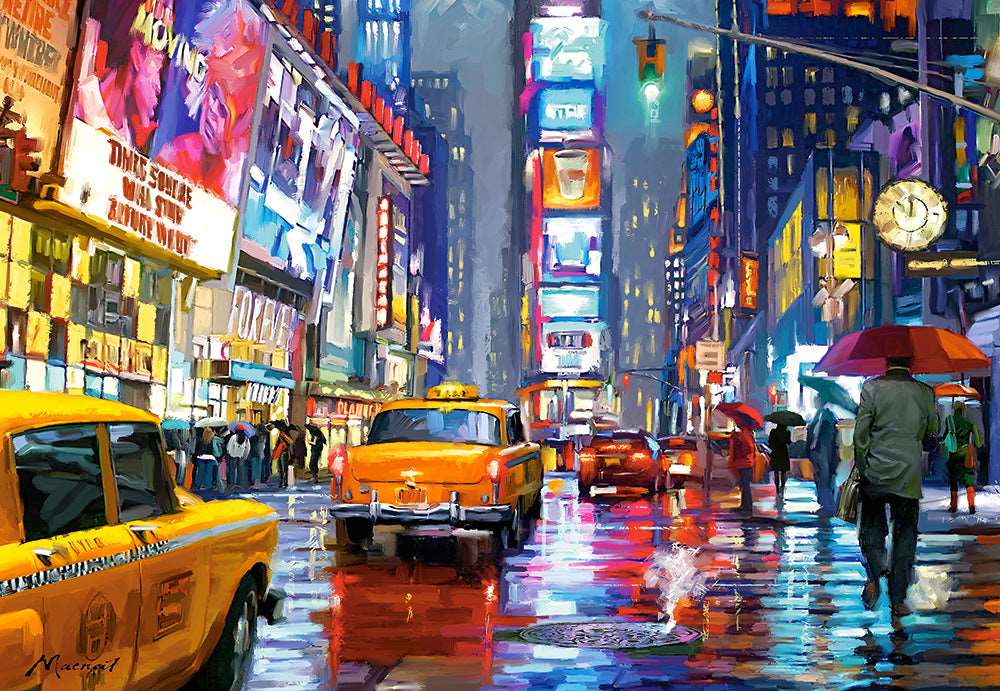 Times Square New York puzzle artwork with colorful signs, nighttime streets and yellow taxis