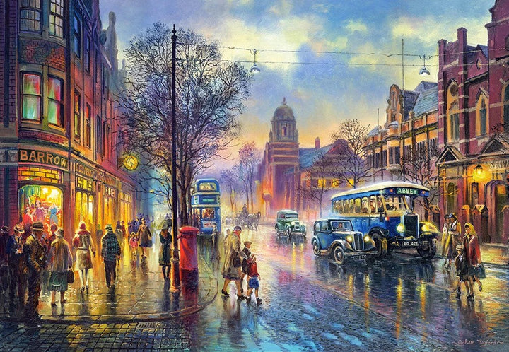Vintage London street artwork with pedestrians buildings vehicles and colorful reflections after rain