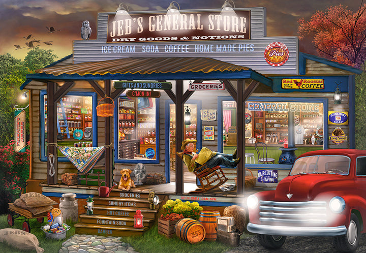 Jeb’s General Store puzzle artwork showing a vintage storefront, porch and classic automobile