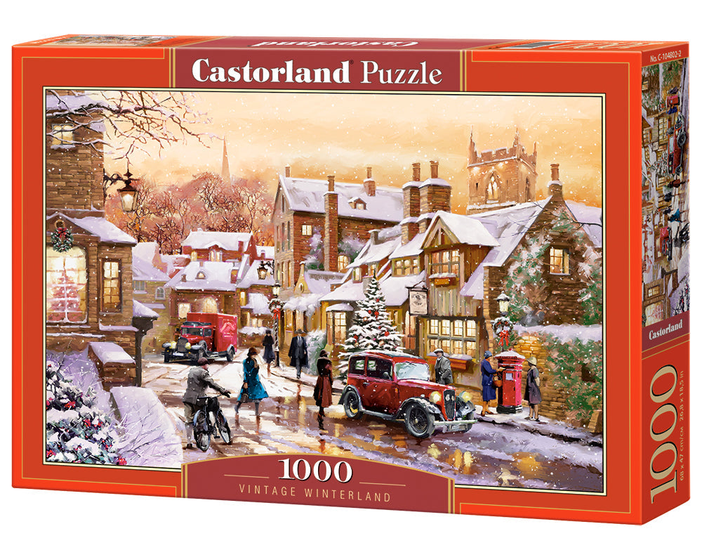 Castorland Vintage Winterland 1000 piece jigsaw puzzle box featuring a snowy village scene