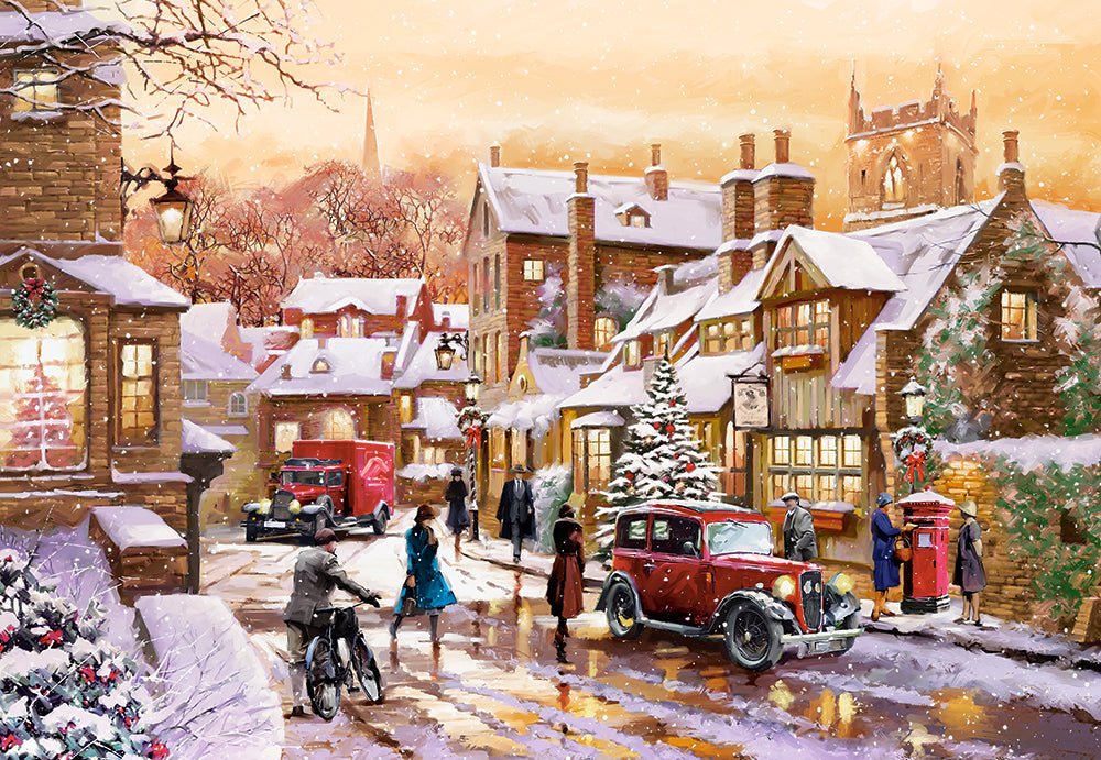 Vintage Winterland puzzle artwork showing snow-covered buildings, vintage vehicles and winter streets