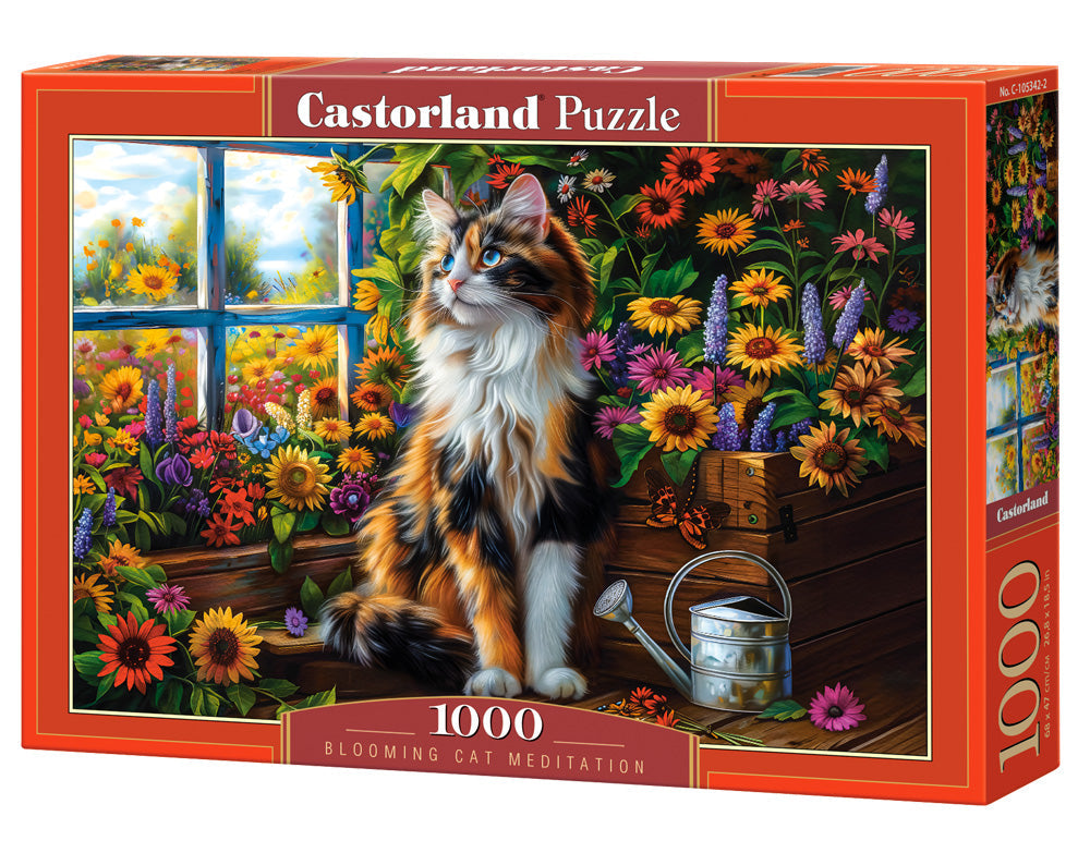 1000 Piece Jigsaw Puzzle, Blooming Cat Meditation, Cat puzzle, Flower scenery, Charming view, Adult Puzzle, Castorland C-105342-2