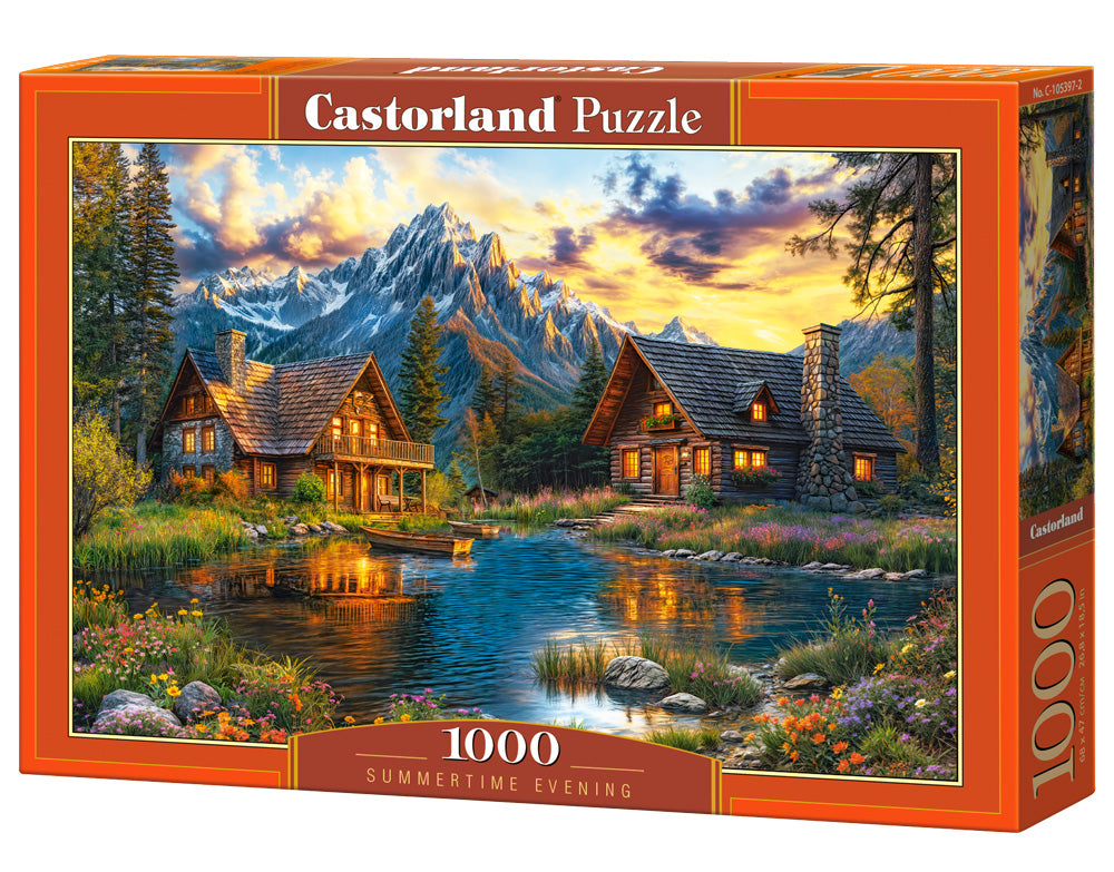 Castorland Summertime Evening 1000 piece jigsaw puzzle featuring mountain cabins beside a peaceful lake
