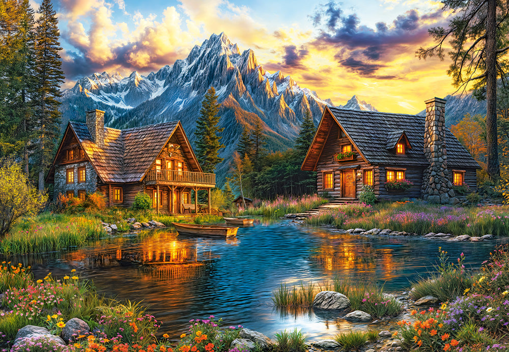 Mountain cabin puzzle artwork with tranquil lake, sunset sky and snow-capped mountain peaks
