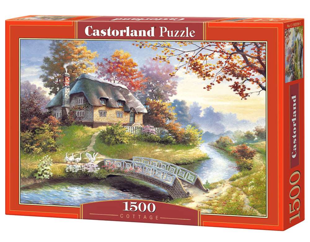 Castorland Charming Nook 1500 piece jigsaw puzzle box featuring a secluded woodland cottage and pond