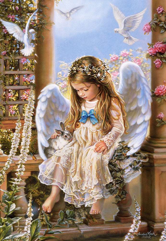 Tender Love artwork by Sandra Kuck featuring a young angel with animals in a peaceful garden scene