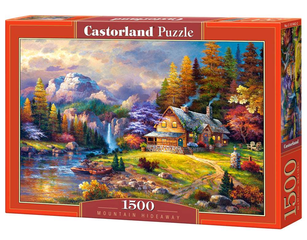 Castorland Mountain Hideaway 1500 piece jigsaw puzzle box with autumn mountain cottage scene