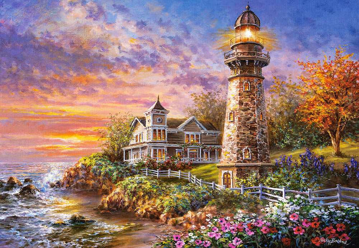 Nicky Boehme Majestic Guardian lighthouse at sunset with rocky coastline and autumn trees