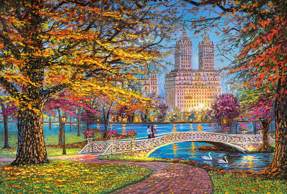 Autumn Stroll puzzle artwork showing colorful fall foliage, bridge and Manhattan skyline in Central Park