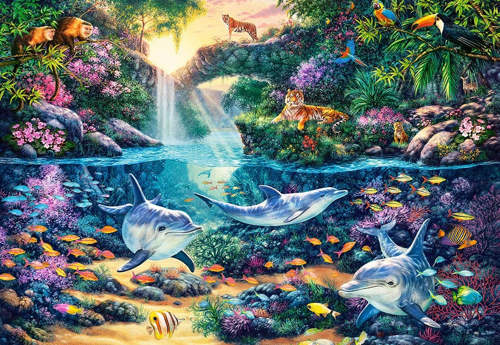 Steve Read Jungle Paradise artwork featuring dolphins waterfalls exotic birds and colorful tropical plants