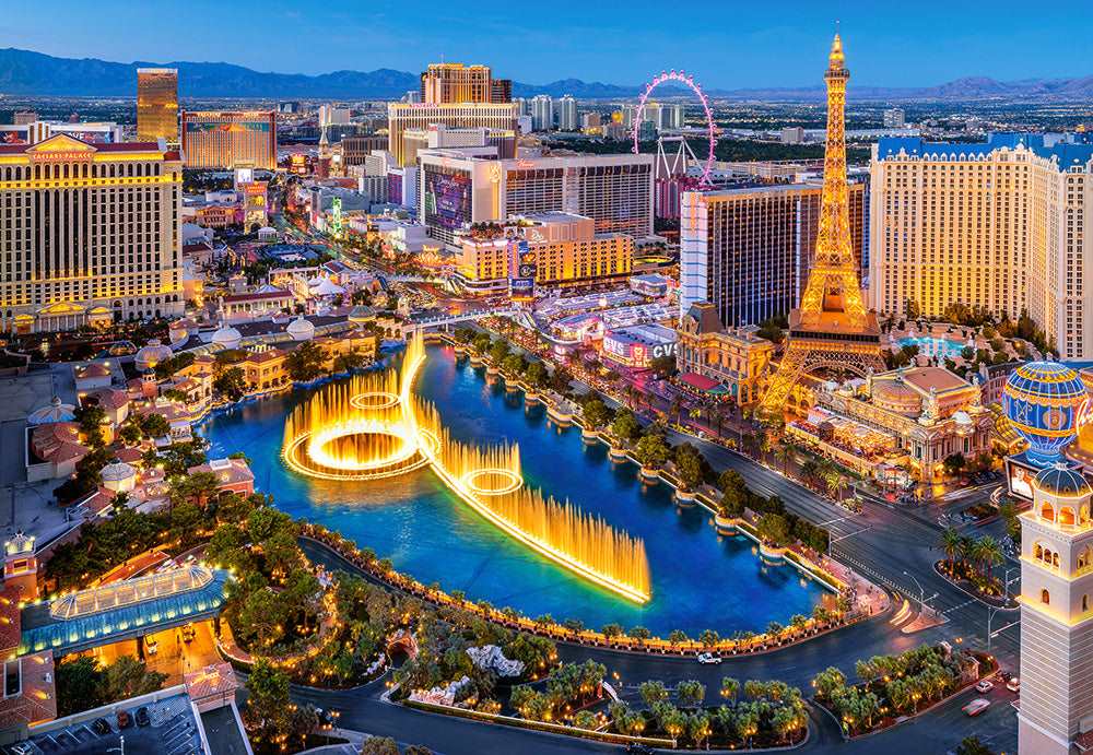 Fabulous Las Vegas jigsaw puzzle artwork featuring the Las Vegas Strip and fountains