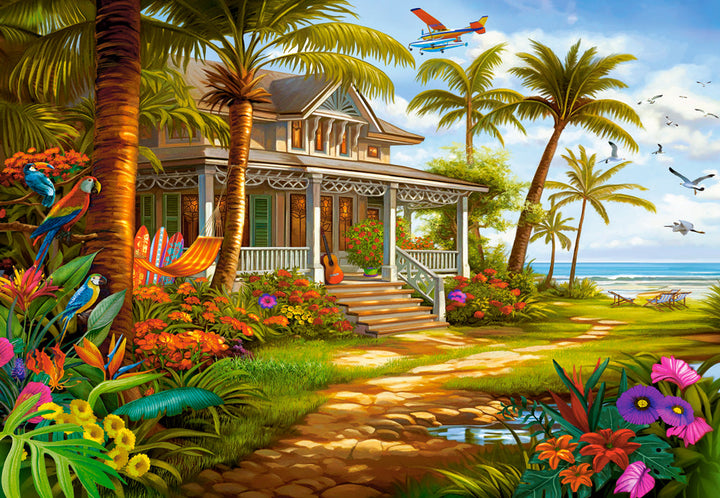 Palm House puzzle artwork showing tropical home, palm trees, flowers and coastal scenery