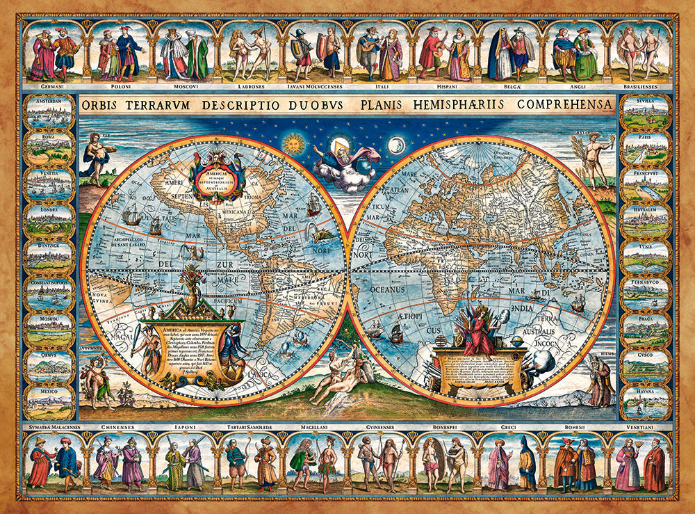 Historic 1639 world map with ornate cartography and Latin inscriptions