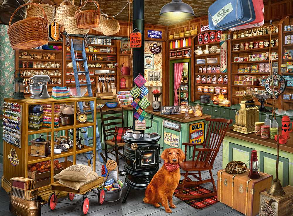 General Merchandise puzzle artwork showing a detailed old-fashioned store filled with vintage products