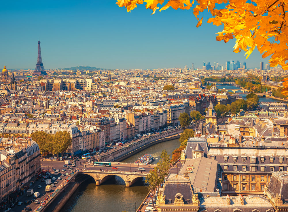 Aerial Paris cityscape with Eiffel Tower and Seine River in France