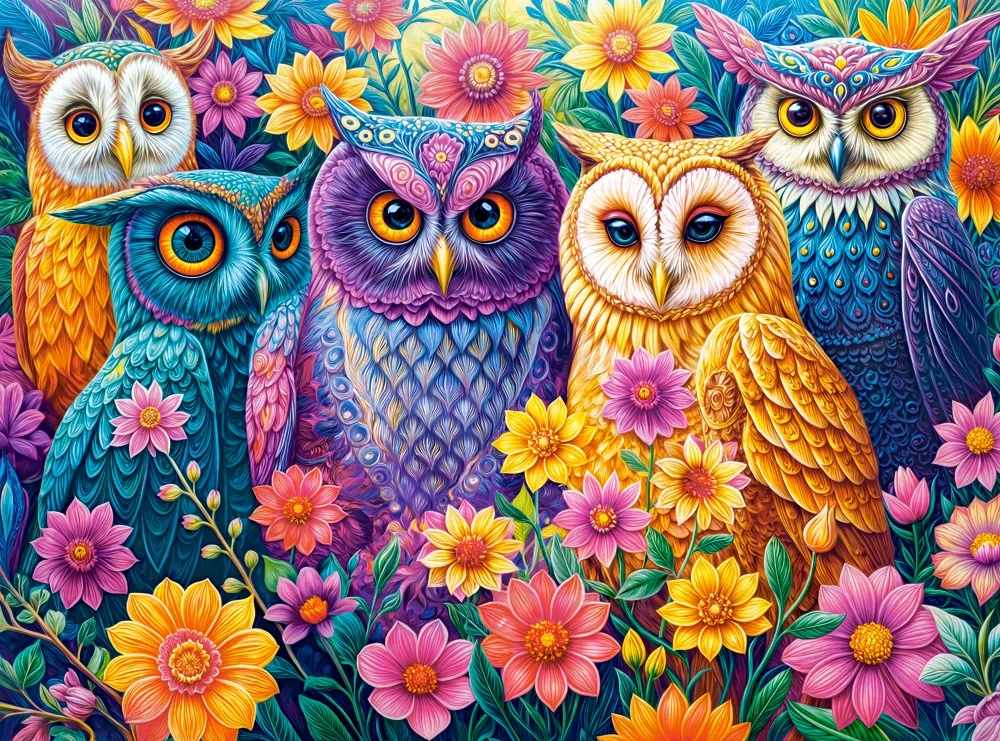 Flower Owl Meeting puzzle artwork with colorful owls surrounded by vibrant flowers