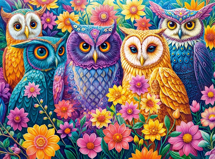 Flower Owl Meeting puzzle artwork with colorful owls surrounded by vibrant flowers
