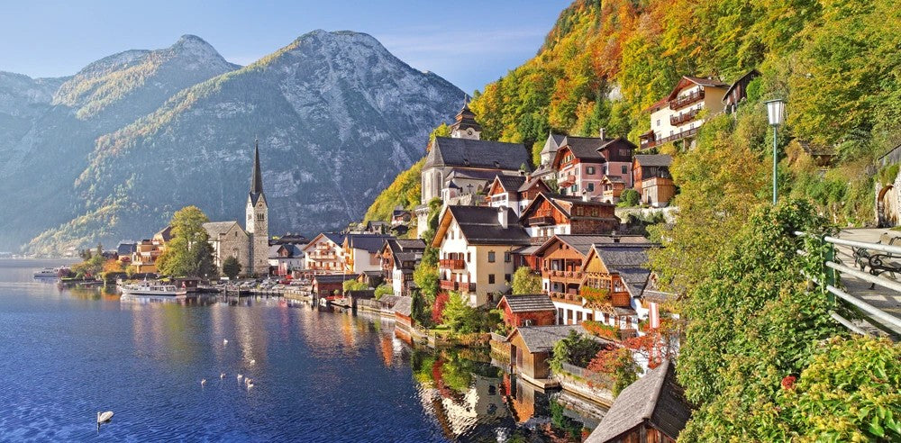 Hallstatt alpine village and mountain lake landscape in Austria