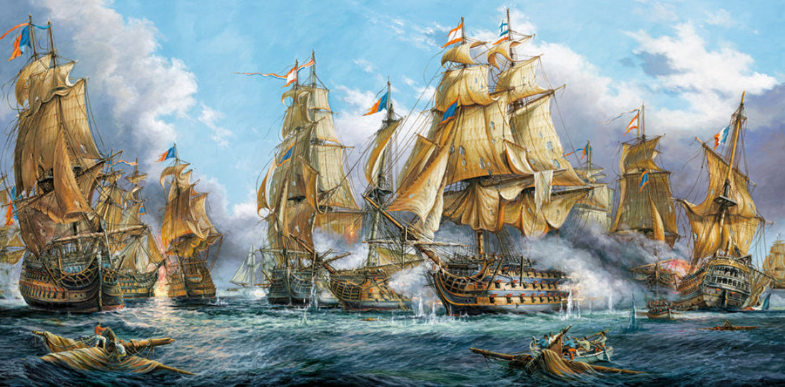 Historic naval battle artwork with tall sailing ships ocean waves and dramatic sky