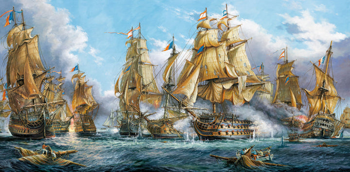 Historic naval battle artwork with tall sailing ships ocean waves and dramatic sky