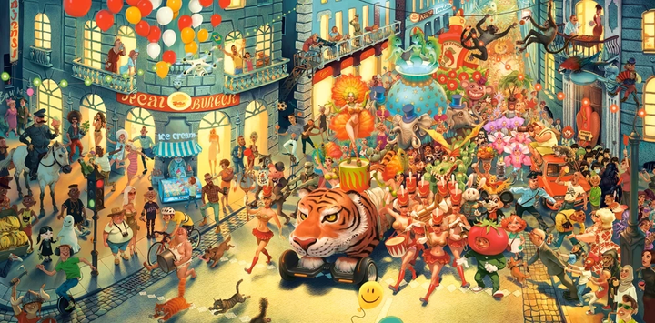 Carnival in Rio puzzle artwork featuring a busy whimsical street celebration with colorful characters