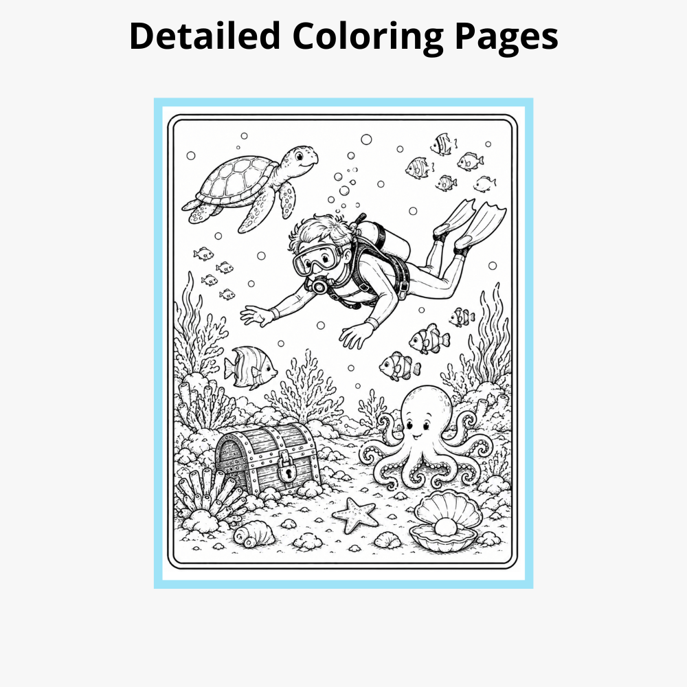Ocean Explorer activity book interior coloring page featuring sea creatures for kids