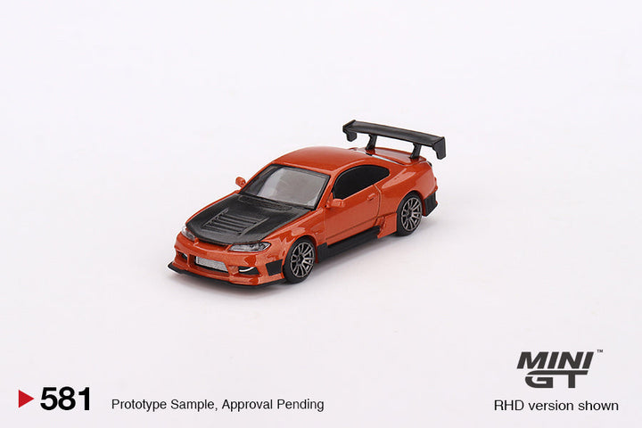 Nissan Silvia S15 D-MAX Metallic Orange #581 1:64 by Mini-GT MGT0581 Angled Front View