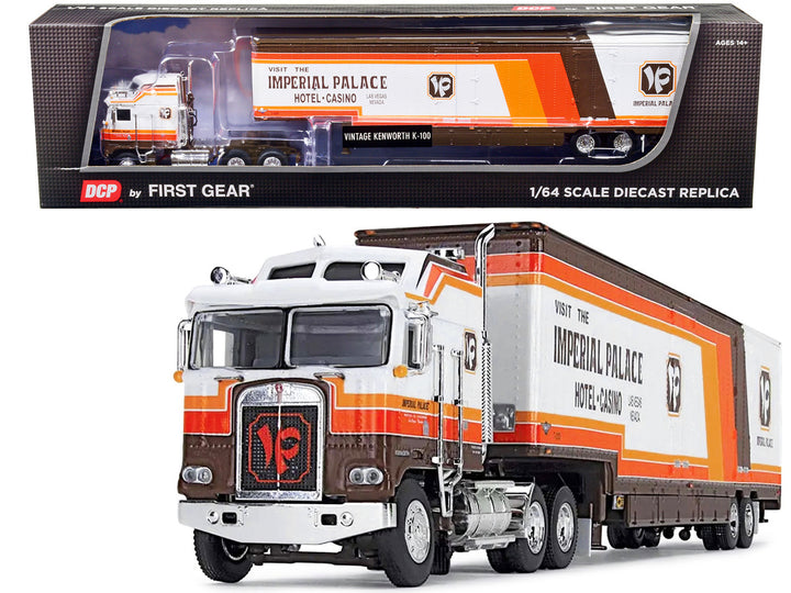 Kenworth K100 COE Aerodyne Sleeper Cab and Kentucky Moving Trailer White and Brown with Stripes "Visit Imperial Palace Hotel and Casino Las Vegas" "Fallen Flag" Series 1/64 Diecast Model by DCP/First Gear-0