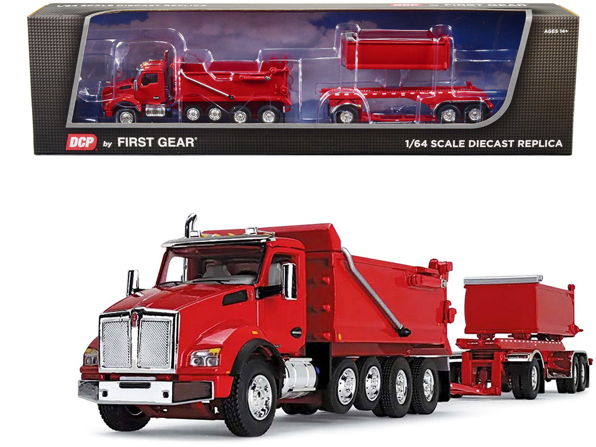 Kenworth T880 Quad Axle Dump Truck and Rogue Transfer Tandem Axle Dump Trailer Viper Red 1 64 Diecast Model by DCP First Gear