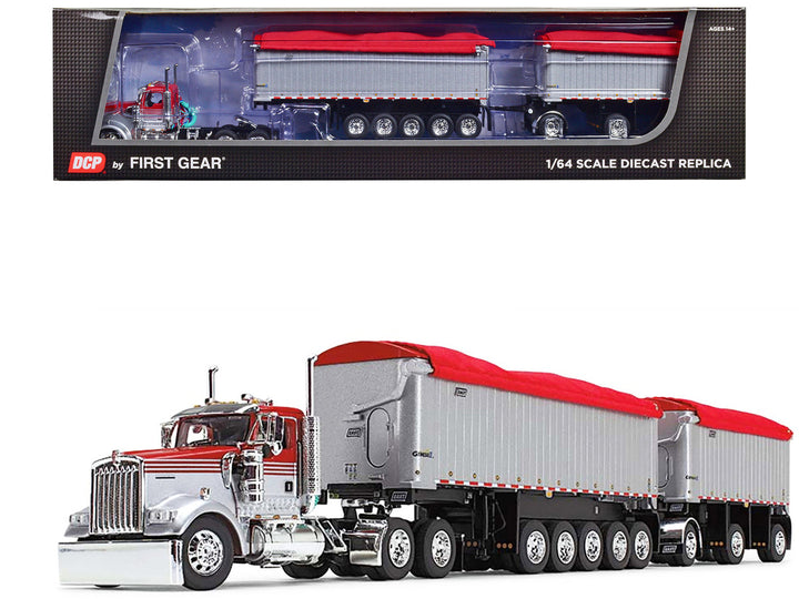 Kenworth W900L Day Cab and East Michigan Series 31' and 20' End Dump Trailers Viper Red and Silver 1/64 Diecast Model by DCP/First Gear-0