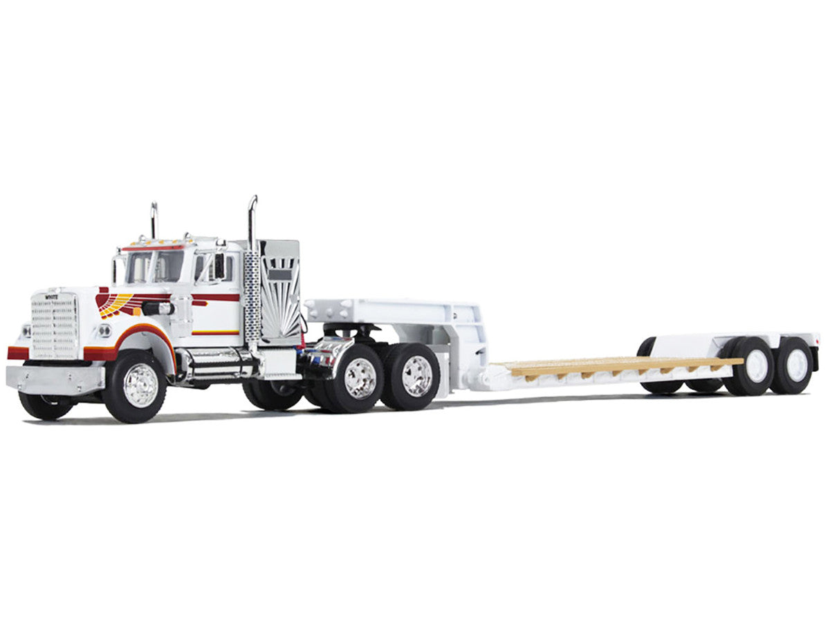 Western Star 4900 with 36" Vintage Flat Top Sleeper and Rogers Vintage Lowboy Trailer White with Graphics 1/64 Diecast Model by DCP/First Gear-0