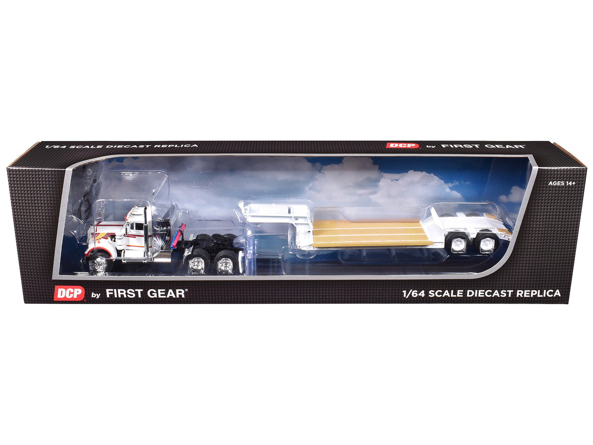 Western Star 4900 with 36" Vintage Flat Top Sleeper and Rogers Vintage Lowboy Trailer White with Graphics 1/64 Diecast Model by DCP/First Gear-1