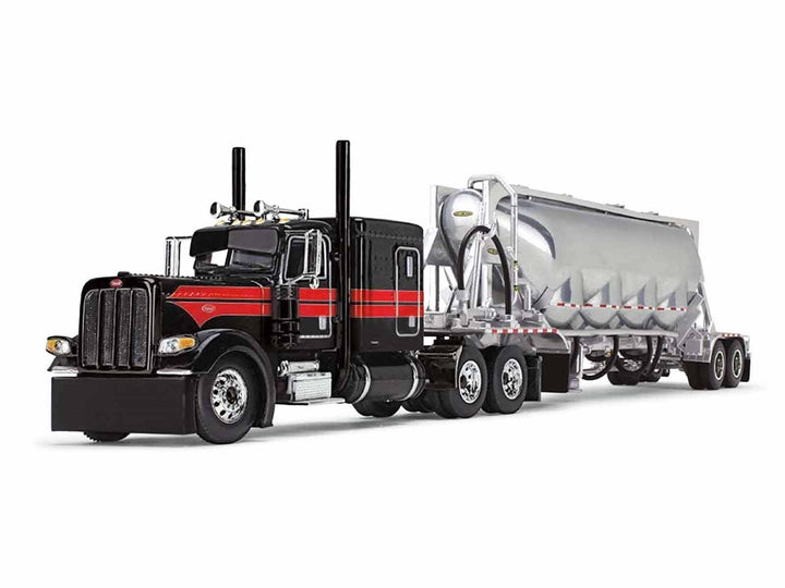 Peterbilt 389 with 63" Flat Top Sleeper and J&L Pneumatic Tank Trailer Black with Red Stripes 1/64 Diecast Model by DCP/First Gear-1