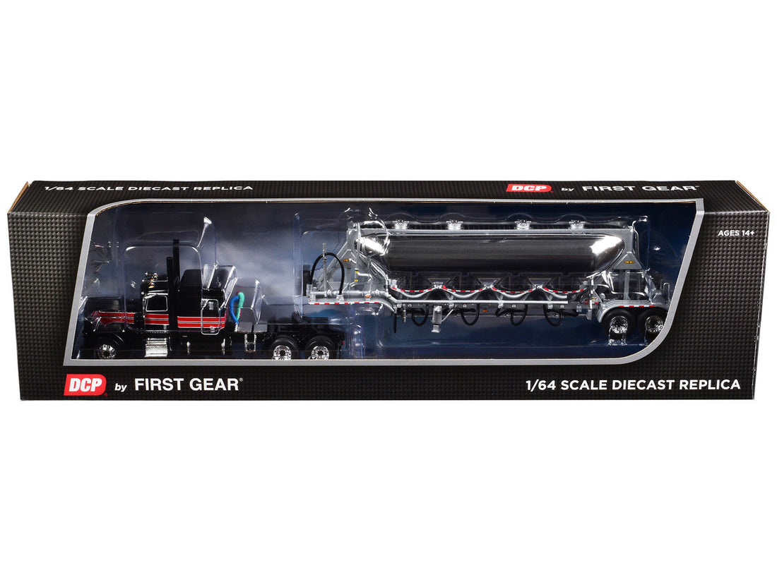 Peterbilt 389 with 63" Flat Top Sleeper and J&L Pneumatic Tank Trailer Black with Red Stripes 1/64 Diecast Model by DCP/First Gear-2