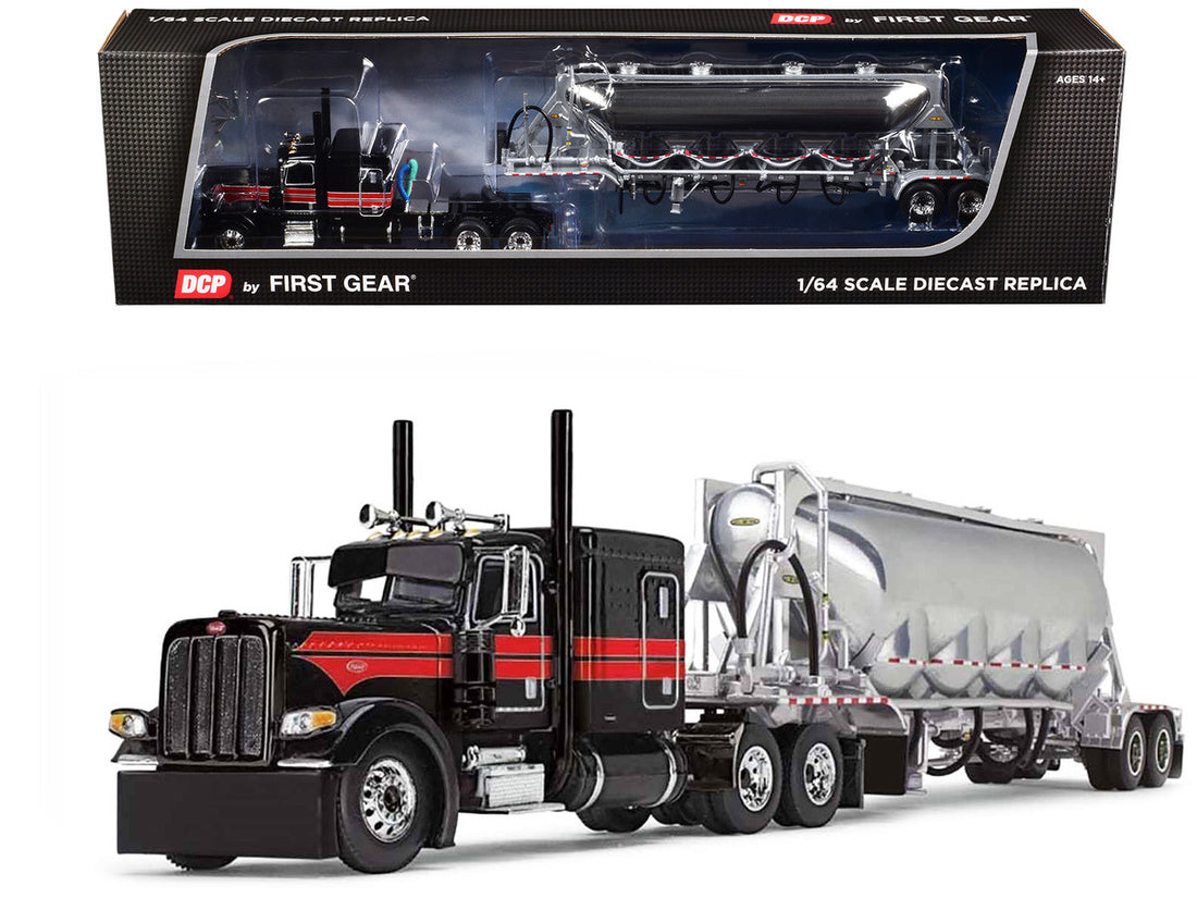 Peterbilt 389 with 63" Flat Top Sleeper and J&L Pneumatic Tank Trailer Black with Red Stripes 1/64 Diecast Model by DCP/First Gear-0