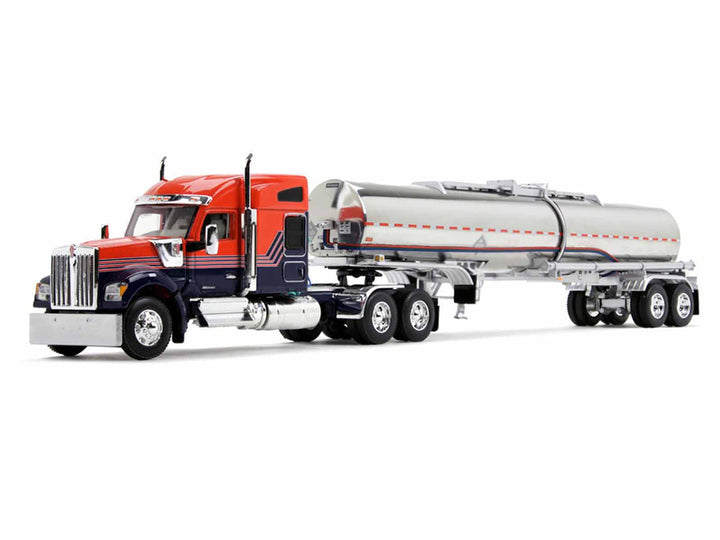 Kenworth W990 with 76" Mid-Roof Sleeper and Brenner Chemical Grade Tandem Axle Tanker Trailer Red and Navy Blue 1/64 Diecast Model by DCP/First Gear-0