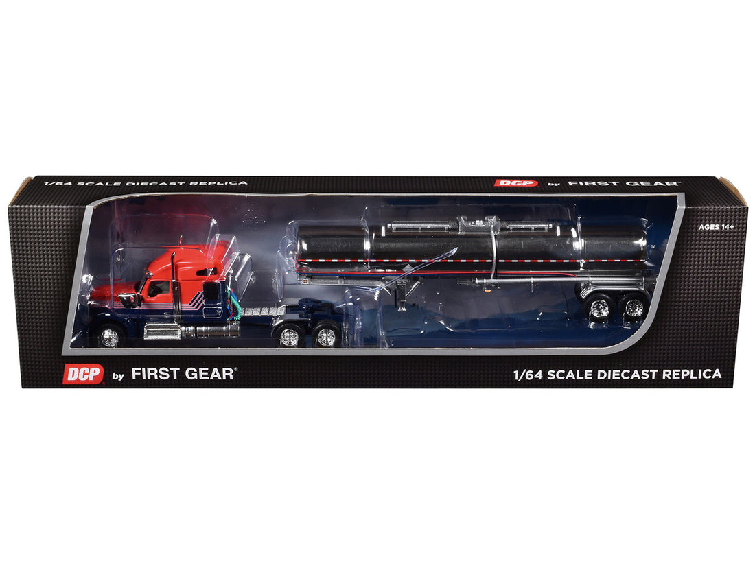 Kenworth W990 with 76" Mid-Roof Sleeper and Brenner Chemical Grade Tandem Axle Tanker Trailer Red and Navy Blue 1/64 Diecast Model by DCP/First Gear-1