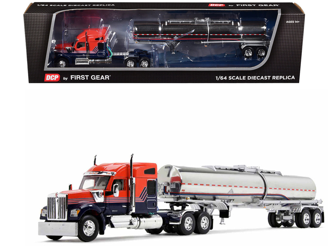 Kenworth W990 with 76" Mid-Roof Sleeper and Brenner Chemical Grade Tandem Axle Tanker Trailer Red and Navy Blue 1/64 Diecast Model by DCP/First Gear-2