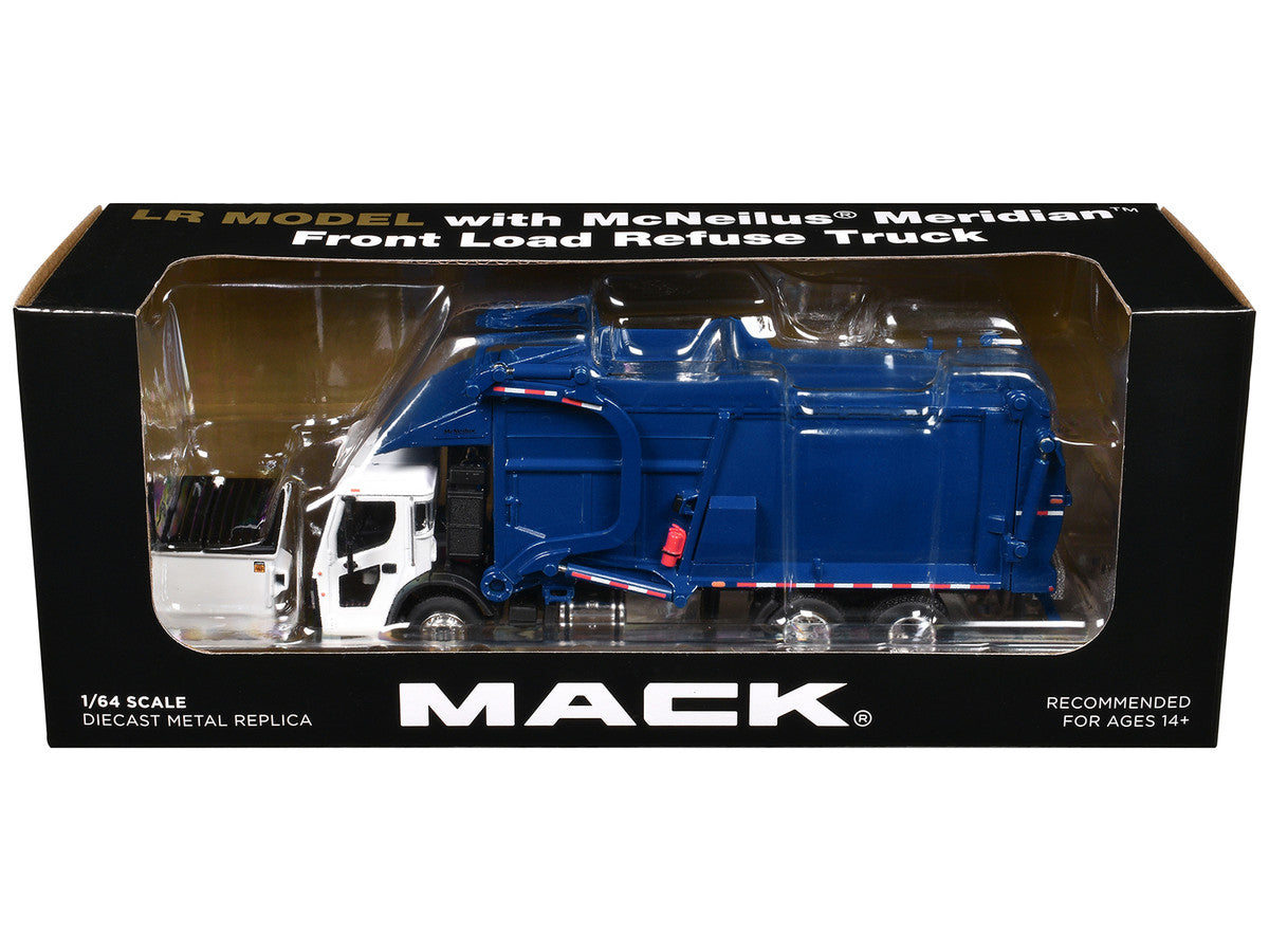 Mack LR Refuse Garbage Truck with McNeilus Meridian Front Loader White and Blue with Trash Bin 1/64 Diecast Model by DCP/First Gear-1