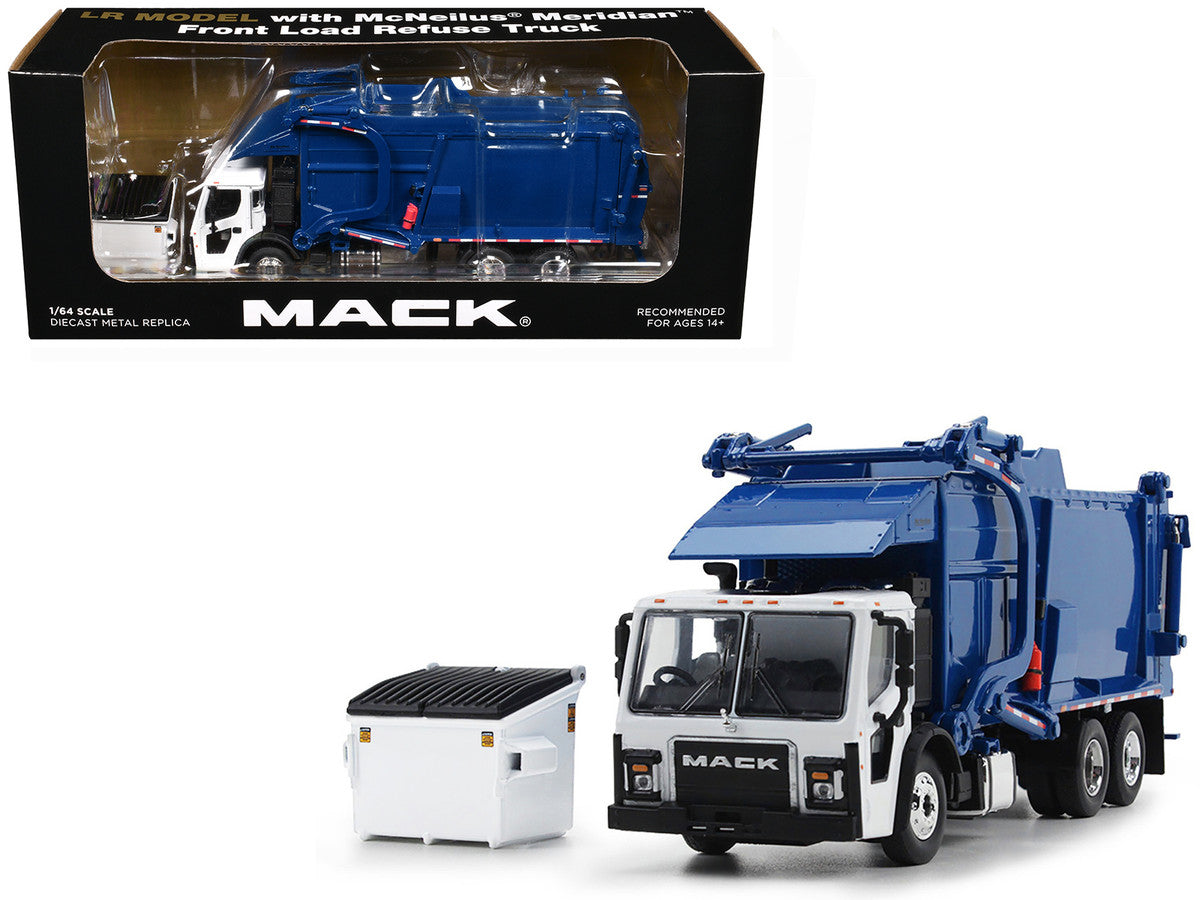 Mack LR Refuse Garbage Truck with McNeilus Meridian Front Loader White and Blue with Trash Bin 1/64 Diecast Model by DCP/First Gear-2