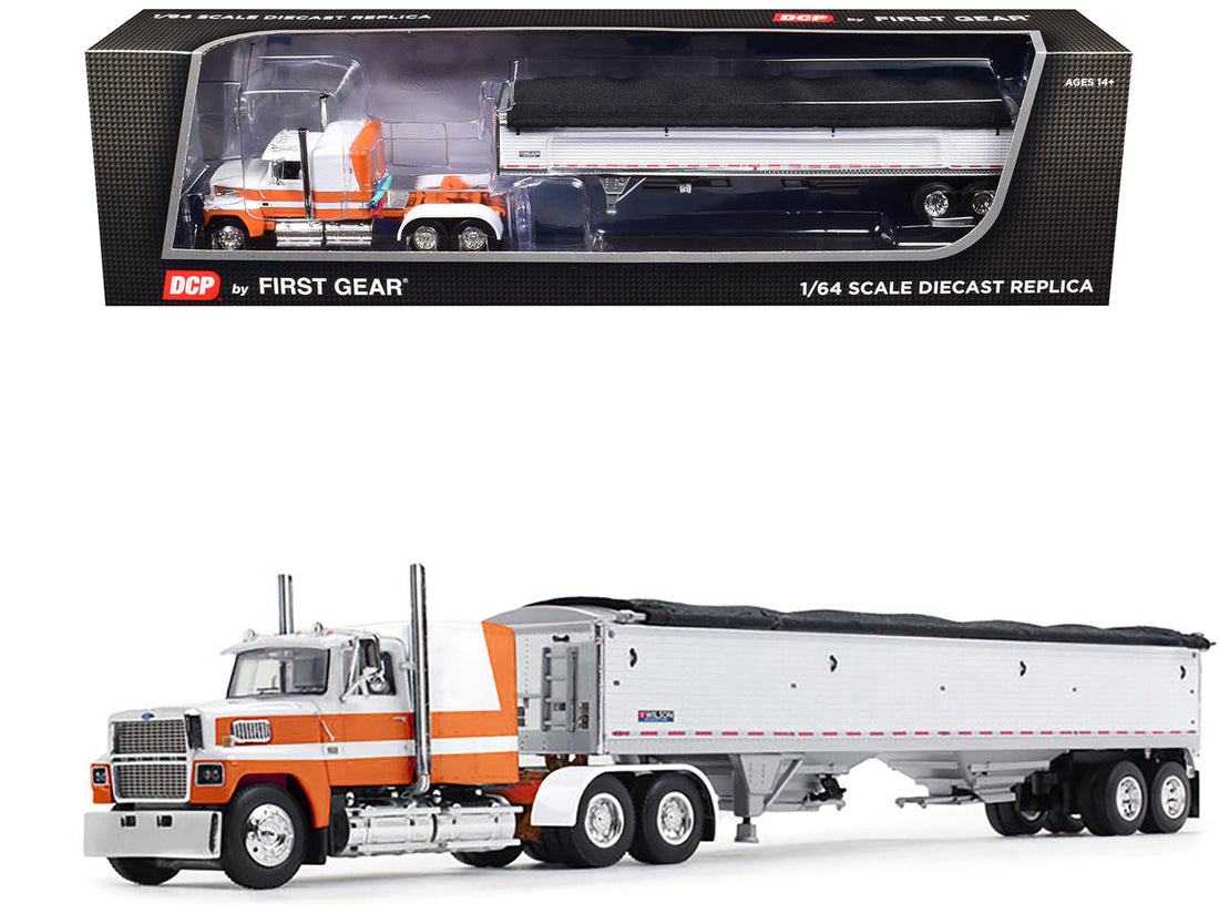 Ford LTL 9000 60" Aerodyne Sleeper with Wilson Pacesetter Grain Trailer Orange and White 1/64 Diecast Model by DCP/First Gear-0