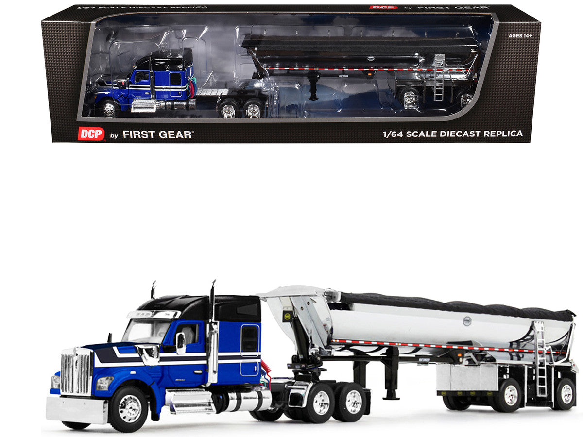 Kenworth W990 76" Mid-Roof Sleeper and MAC Half Round End Dump Trailer Blue and Black 1/64 Diecast Model by DCP/First Gear-0