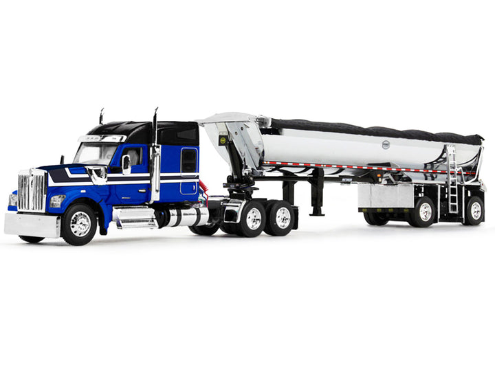 Kenworth W990 76" Mid-Roof Sleeper and MAC Half Round End Dump Trailer Blue and Black 1/64 Diecast Model by DCP/First Gear-1